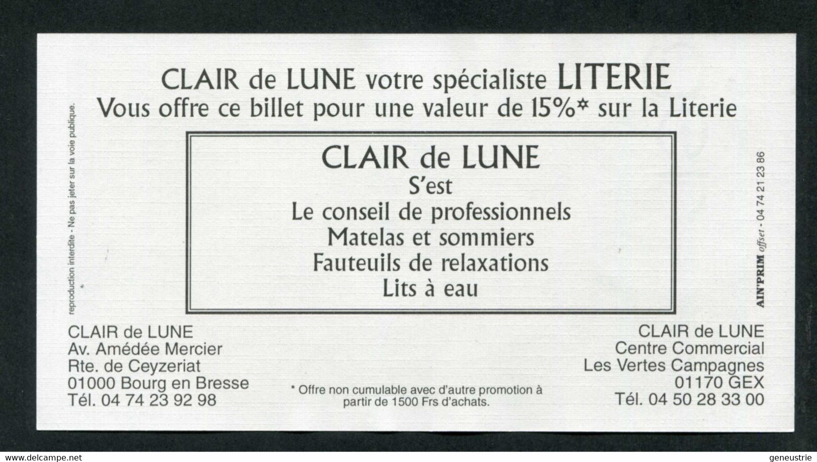 Billet De Banque Publicitaire Bon De Réduction De 15% "Literie Clair De La Lune / Bourg-en-Bresse & Gex" - Fiktive & Specimen