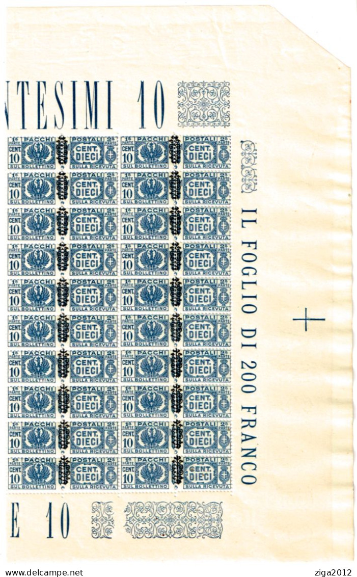 ITALY 1945 PORZIONE DI FOGLIO CON 20 FRANCOBOLLI PER PACCHI POSTALI SOPRASTAMPATI MNH NUOVI - Paketmarken