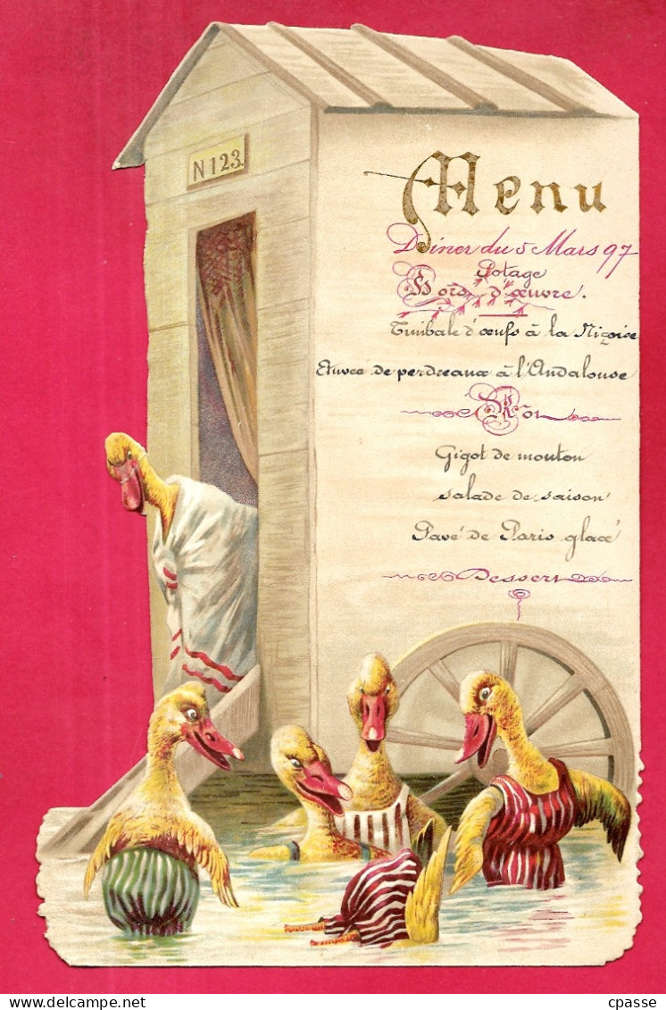 1897 TOP MENU Ancien, En Forme, Cabine De Bains De Mer, Mobile, Animaux Humanisés Canards ** XIXe - Menus