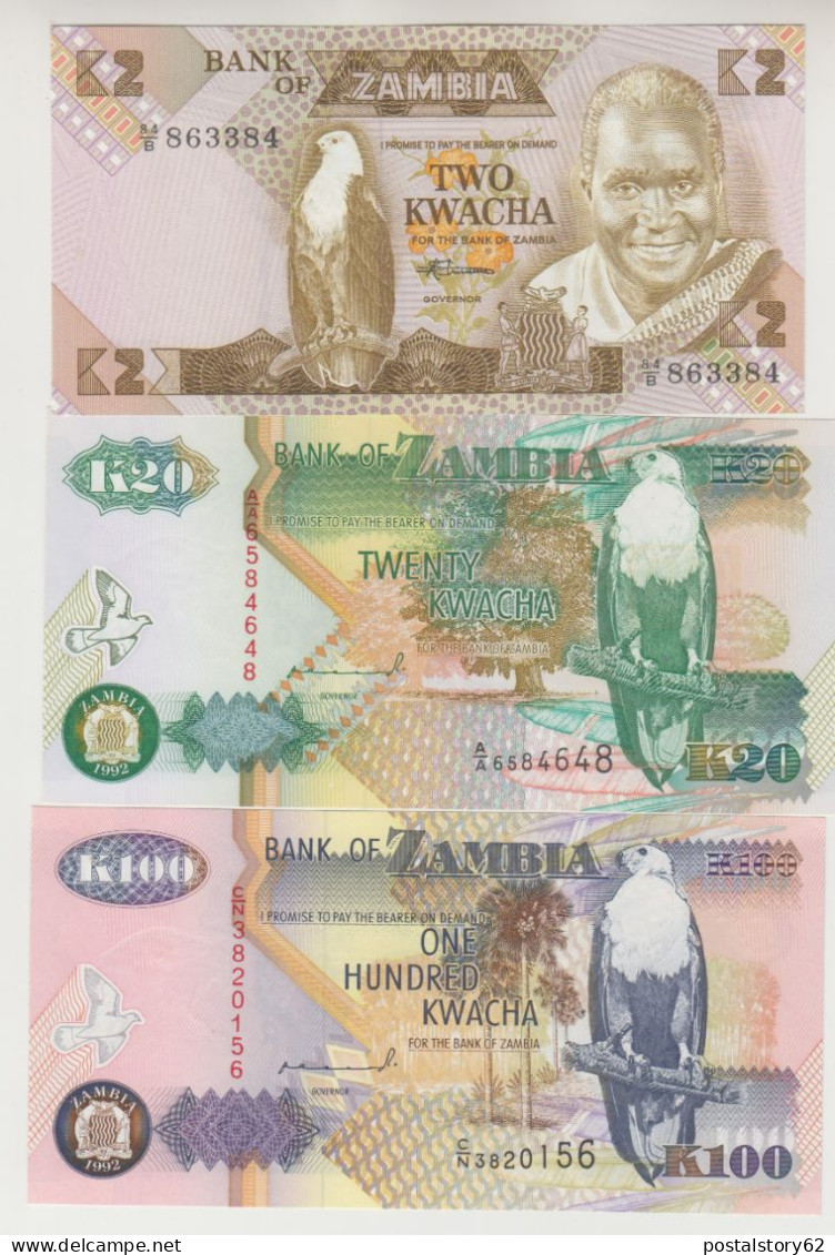 Zambia: 3 Banconote FDS - One Hundred Kwacha 1992, Twenty Kwacha 1992, Two Kwacha 1980. - Zambie