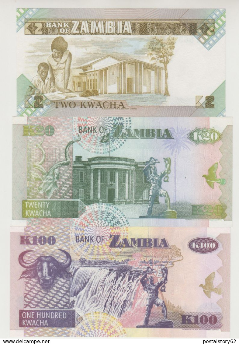 Zambia: 3 Banconote FDS - One Hundred Kwacha 1992, Twenty Kwacha 1992, Two Kwacha 1980. - Zambie