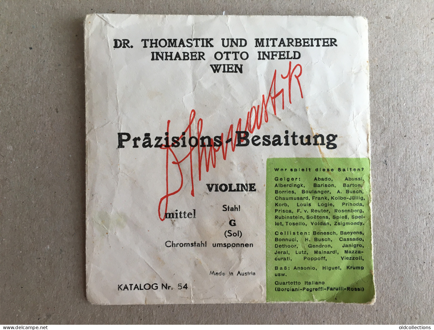 Austria Osterreich - Dr. Thomastik - Otto Infeld Enveloppe Pour Cordes De Violon Envelope For Violin Strings Autograph  - Autogramme