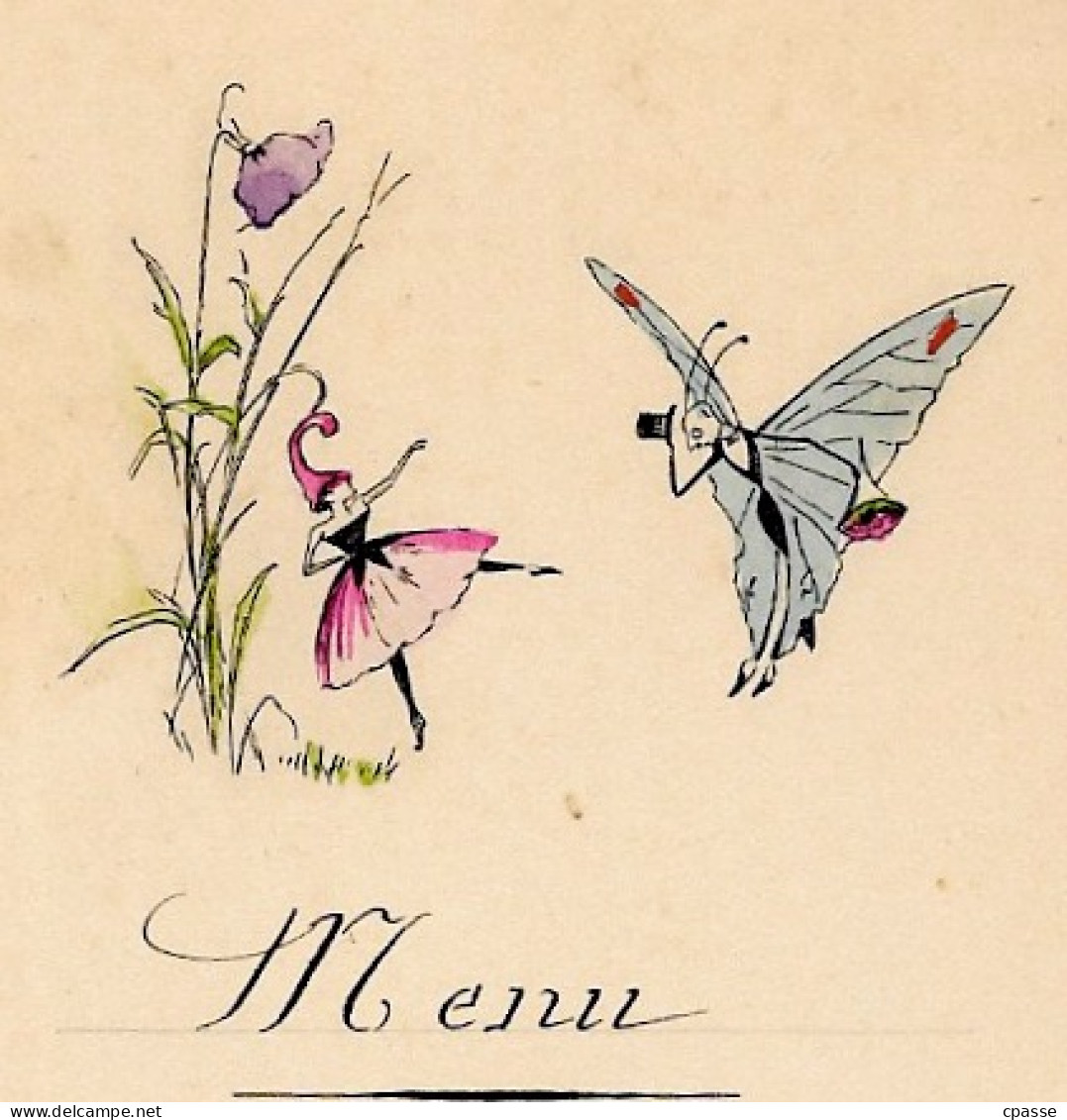 MENU Ancien Illustré : Papillon Et Fleur Humanisés, Rédigé à La Main ** XIXe - Menus