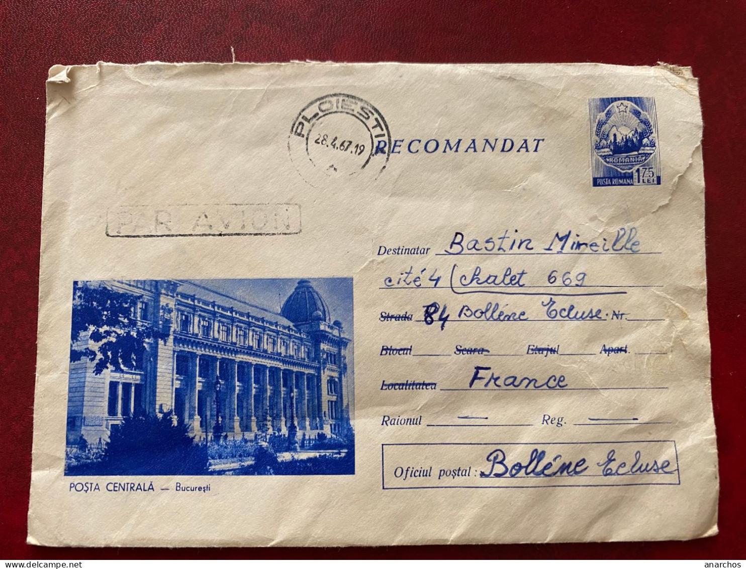 Posta Centrala Bucuresti, Recommandé Ploiesti  1967 Pour Bollene - Postmark Collection