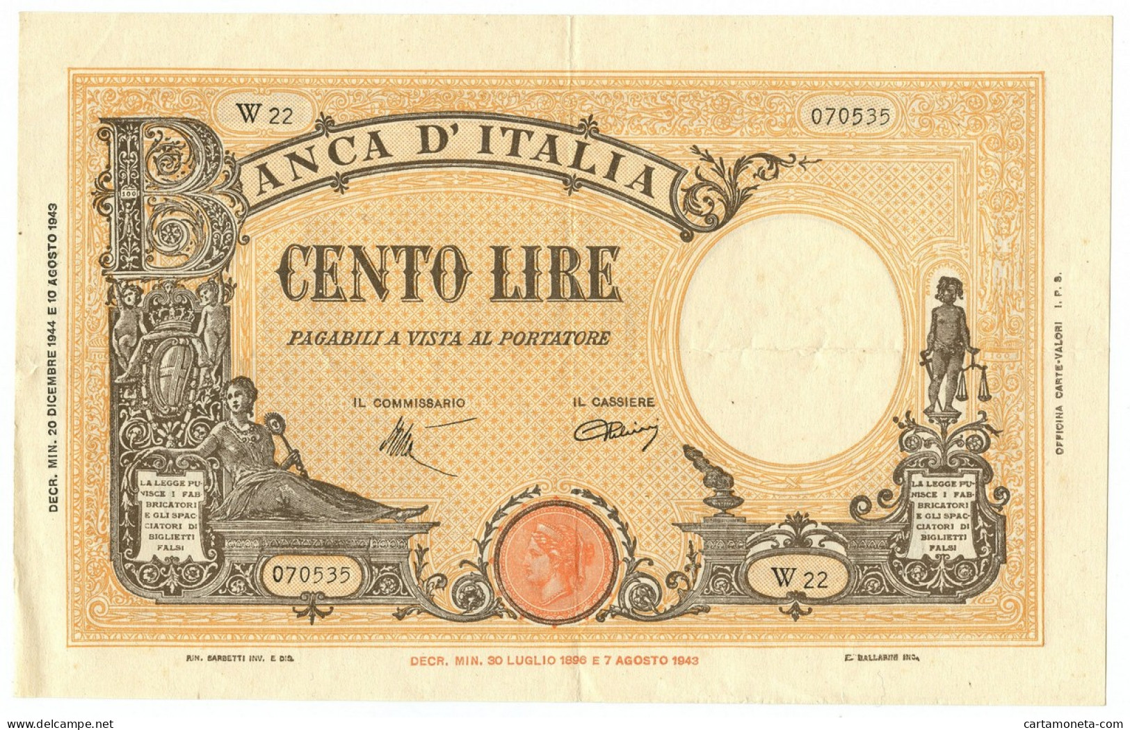100 LIRE BARBETTI GRANDE B GIALLO TESTINA BI INTRONA 20/12/1944 BB/SPL - Regno D'Italia – Other