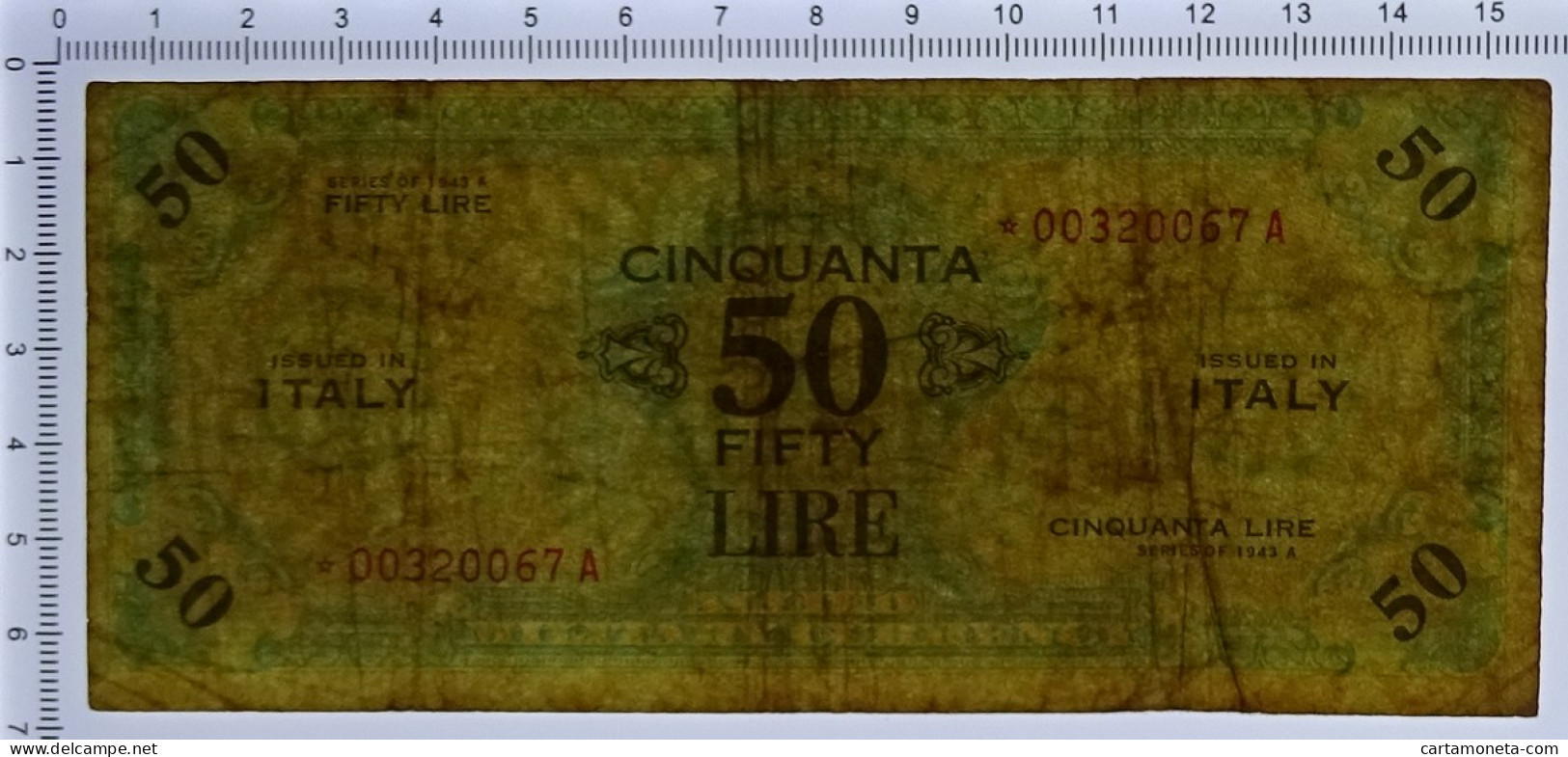 50 LIRE OCCUPAZIONE AMERICANA IN ITALIA BILINGUE ASTERISCO 1943 A BB- - Occupazione Alleata Seconda Guerra Mondiale