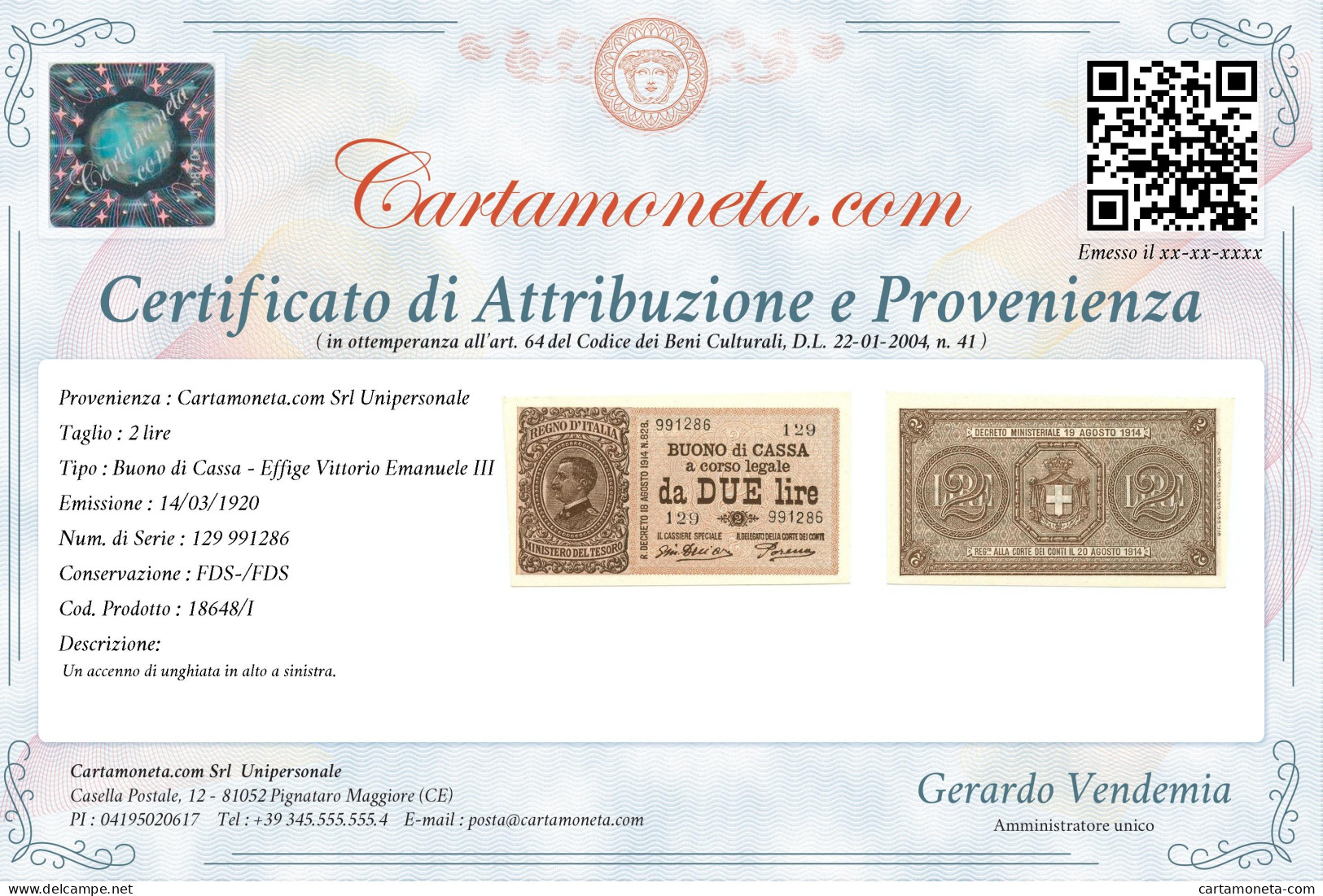 2 LIRE BUONO DI CASSA EFFIGE VITTORIO EMANUELE III 14/03/1920 FDS-/FDS - Regno D'Italia - Altri