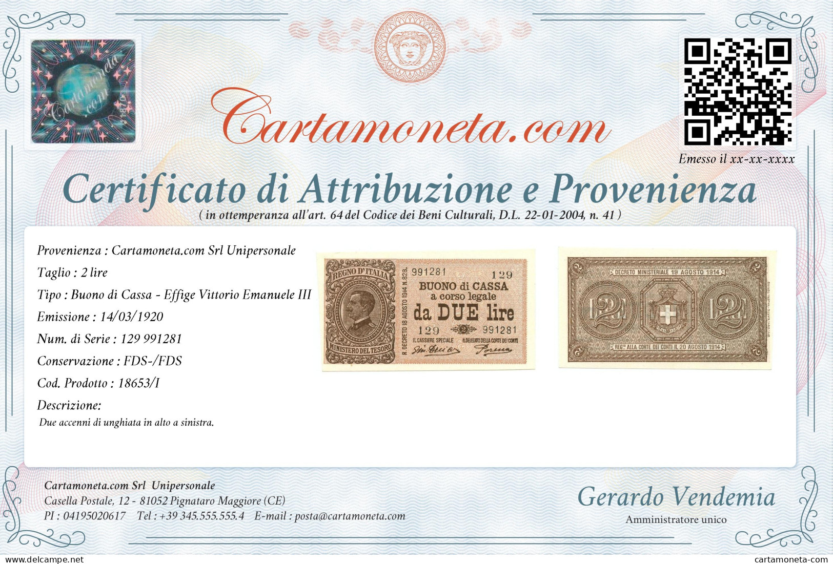 2 LIRE BUONO DI CASSA EFFIGE VITTORIO EMANUELE III 14/03/1920 FDS-/FDS - Regno D'Italia – Autres