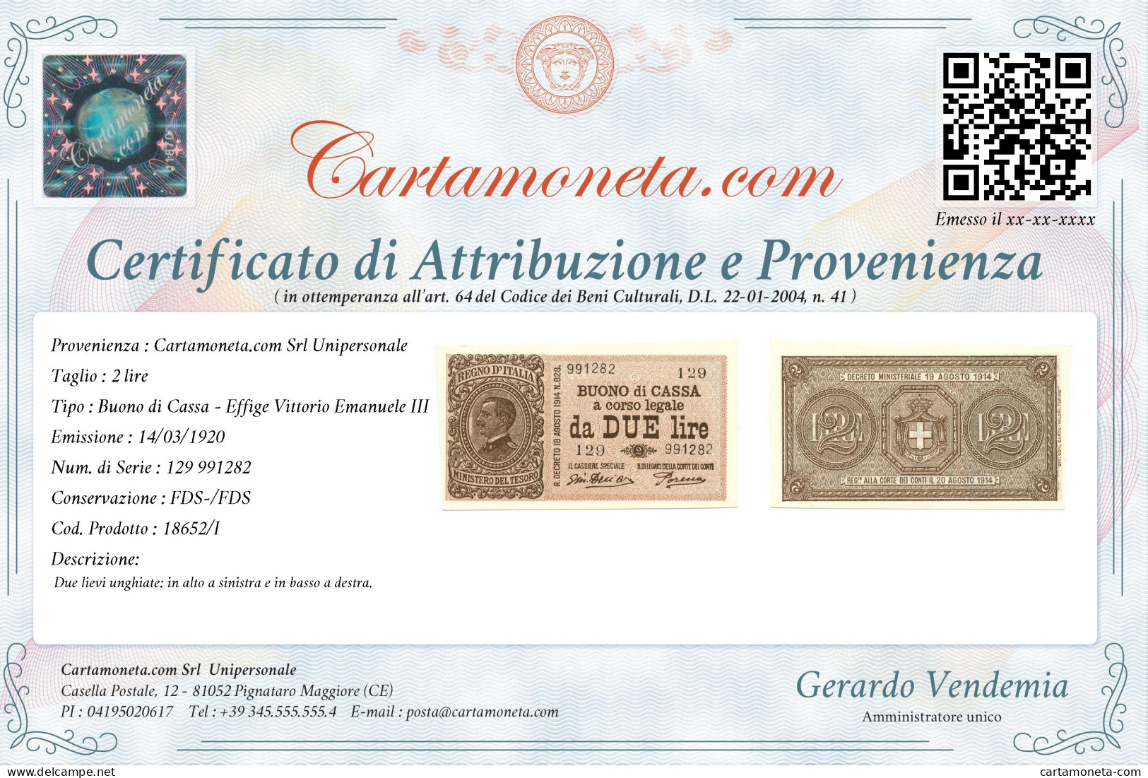 2 LIRE BUONO DI CASSA EFFIGE VITTORIO EMANUELE III 14/03/1920 FDS-/FDS - Regno D'Italia - Altri