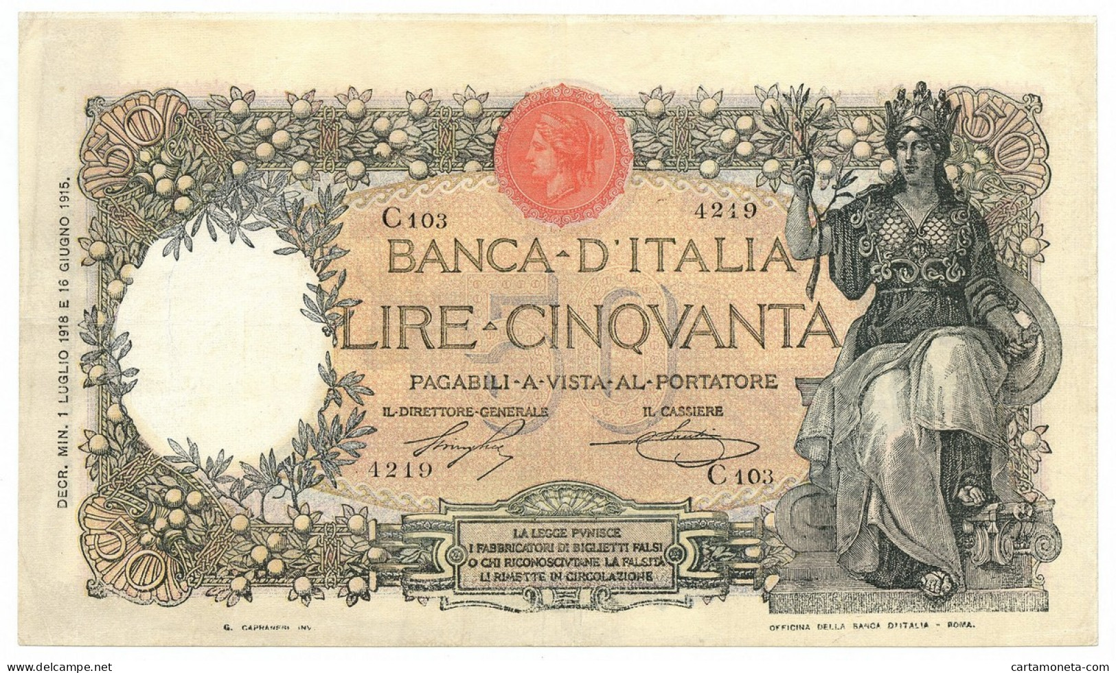 50 LIRE CAPRANESI BUOI TESTINA DECRETO 01/07/1918 QSPL - Regno D'Italia – Other
