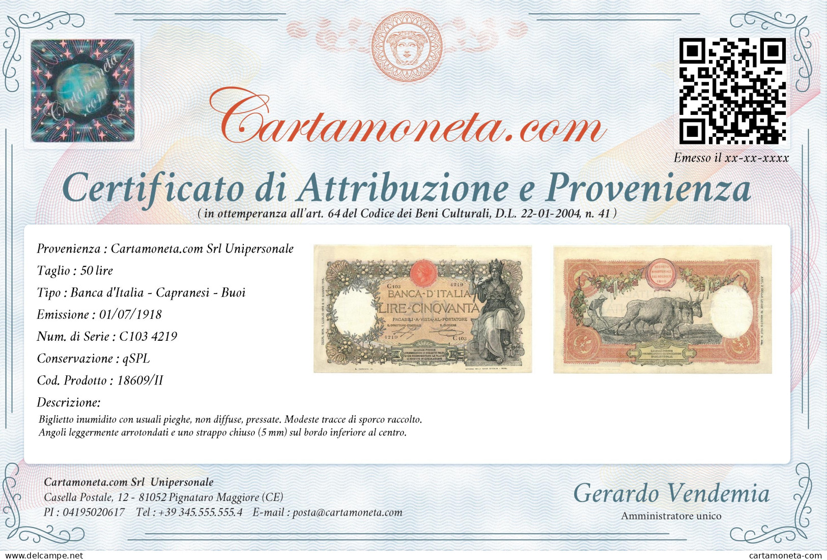 50 LIRE CAPRANESI BUOI TESTINA DECRETO 01/07/1918 QSPL - Regno D'Italia – Other