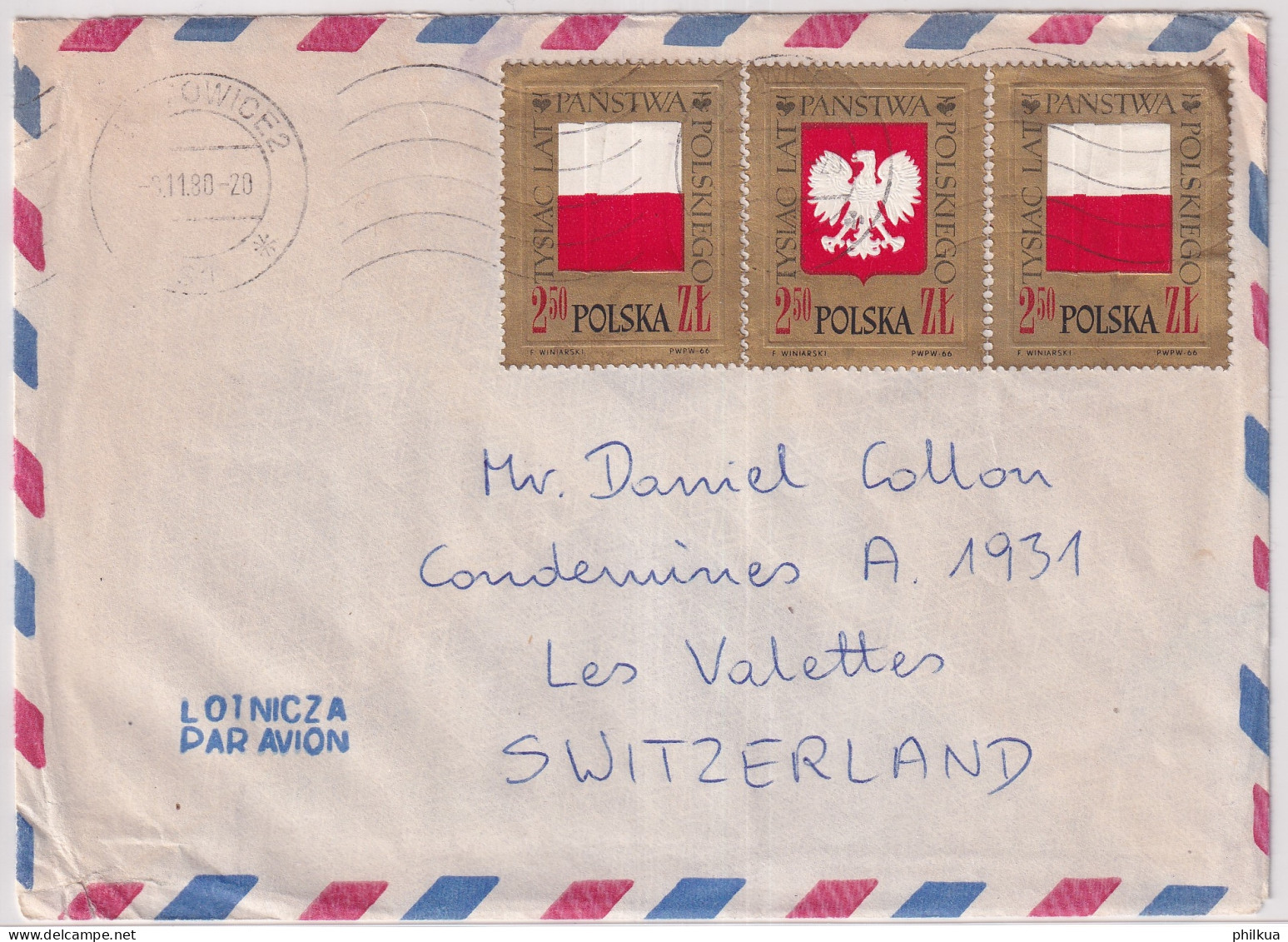 Buntfrankatur Auf  Bedarfsflugpostbrief Gelaufen 1980 Ab KATOWICE Polen Nach LES VALETTES Suisse - Posta Aerea