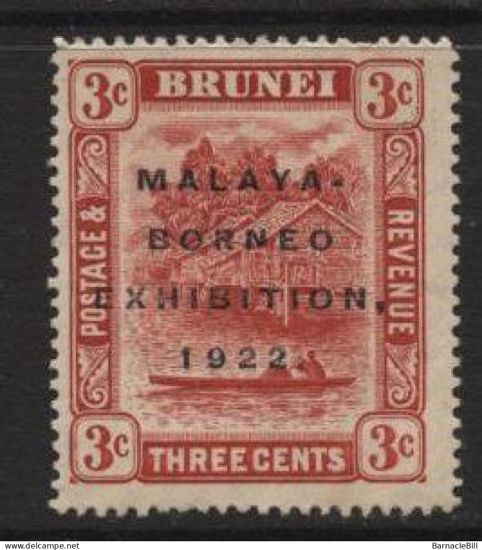 Brunei (37) 1922 Malaya-Borneo Exhibition. 3c. Scarlet. Short 'N' Variety. Unused. Hinged. - Brunei (...-1984)