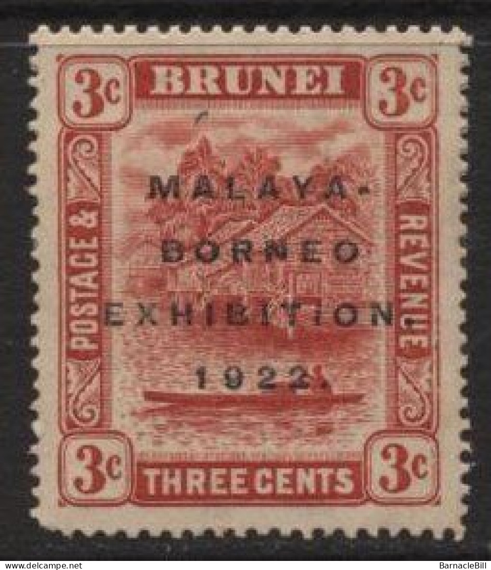 Brunei (38) 1922 Malaya-Borneo Exhibition. 3c. Scarlet. Short 'N' Variety. Unused. Hinged. - Brunei (...-1984)