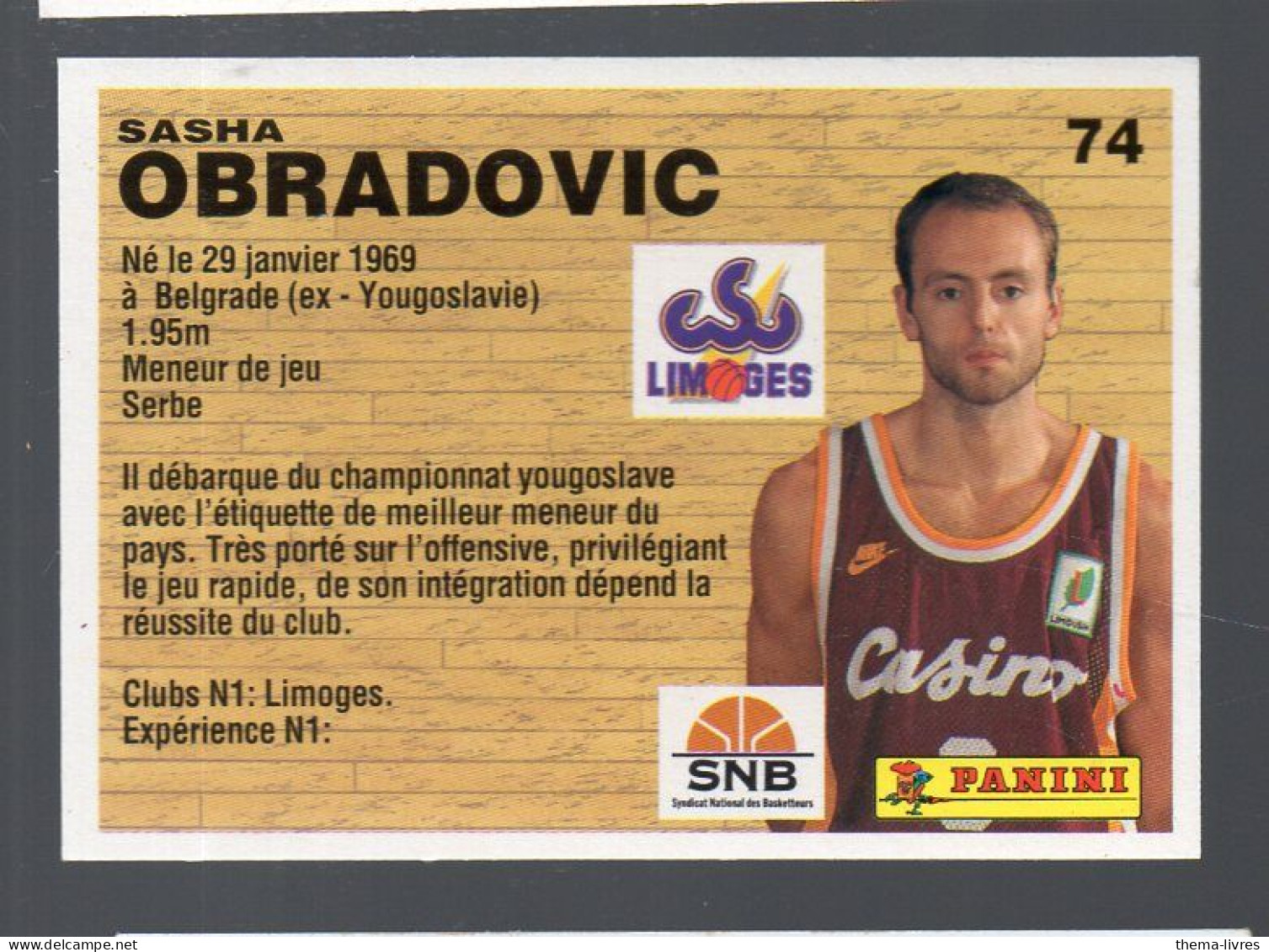 (Basket) Image PANINI 1994 N°74  SAHSA OBRADOVIC (PPP42673/5) - Other & Unclassified