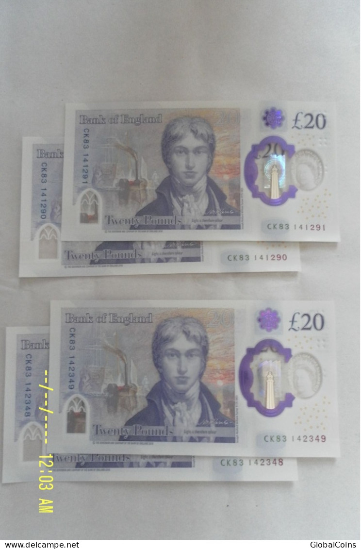 TWO Pairs Of Uncirculated , MINT, British £20 Notes, With Serial Numbers In Sequence. - 10 Ponden