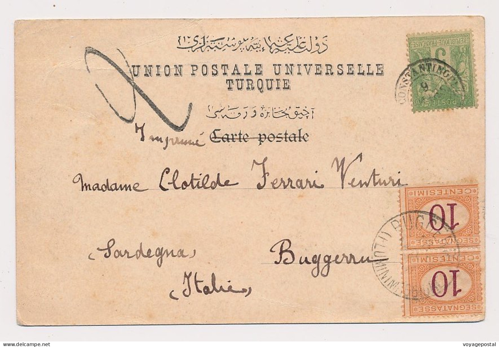 CARTE BFE SAGE CONSTANTINOPLE TIMBRES TAXE ITALIENS 10C PAIRE BUGGERU SARDAIGNE COVER CARD - Briefe U. Dokumente