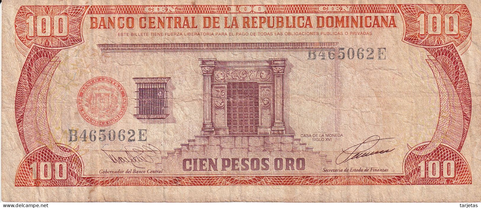 BILLETE DE REP. DOMINICANA DE 100 PESOS ORO DEL AÑO 1993 SERIE B (BANKNOTE) - Dominikanische Rep.