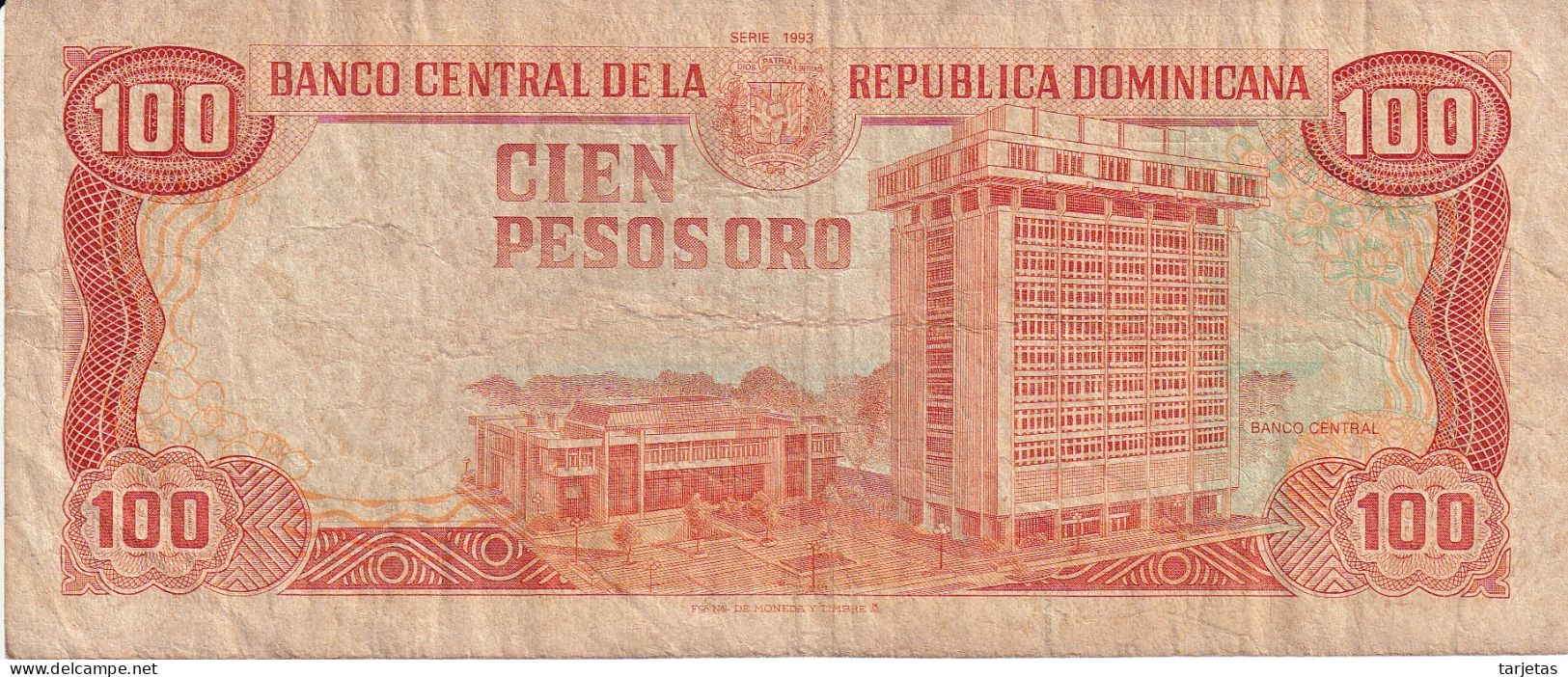 BILLETE DE REP. DOMINICANA DE 100 PESOS ORO DEL AÑO 1993 SERIE B (BANKNOTE) - República Dominicana