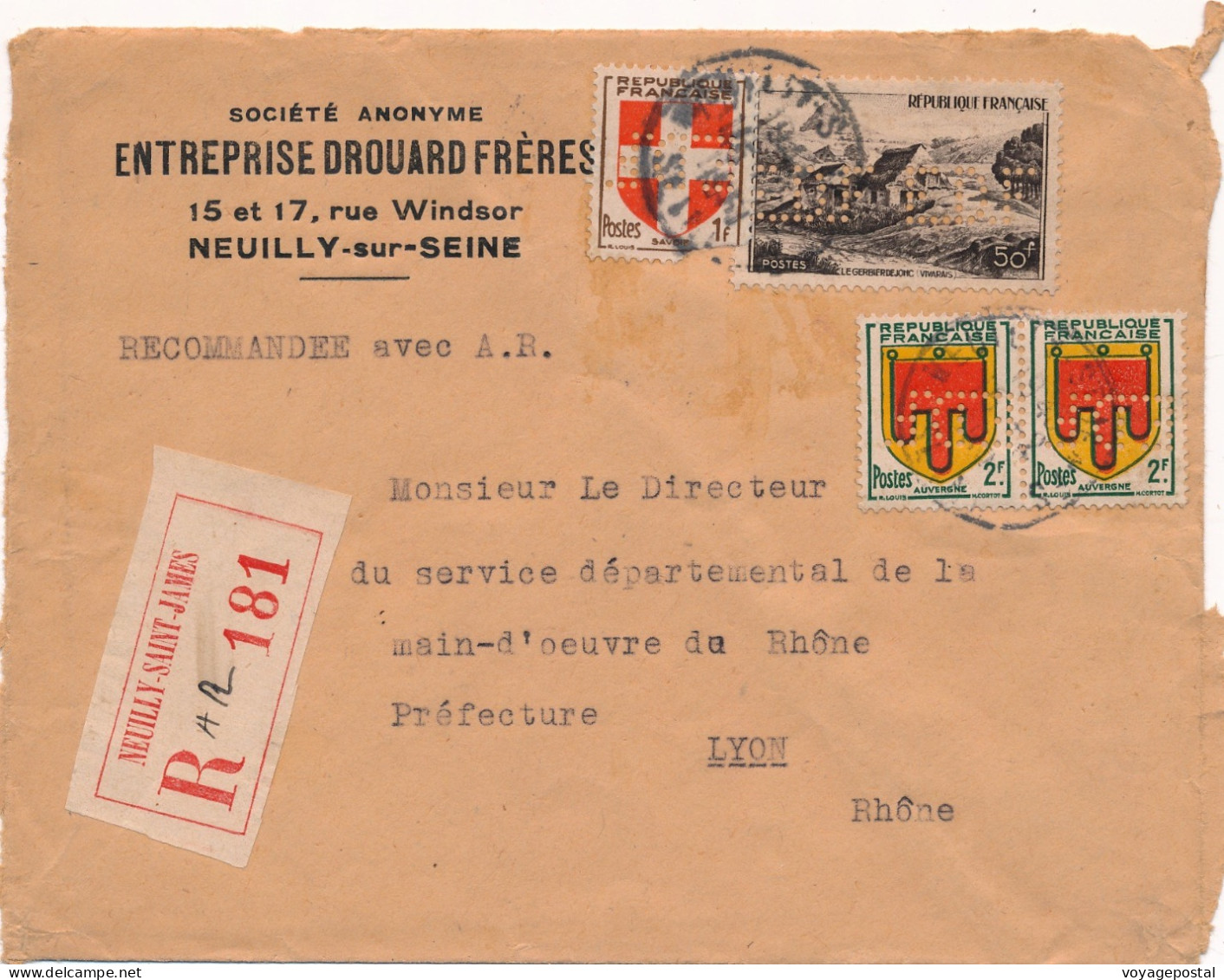 LETTRE RECOMMANDÉE PERFORE DROUARD FRERES LYON RHONE PERFIN COVER - Lettres & Documents