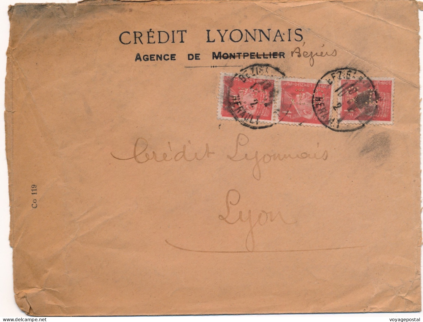 LETTRE CREDIT LYONNAIS PETAINX3 AGENCE DE BEZIERS HERAULT COVER PERFIN - Briefe U. Dokumente