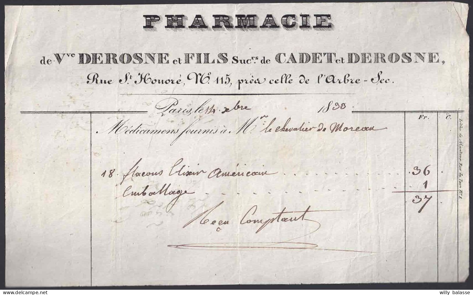 +++ Mae - FACTURE - Pharmacie - DEROSNE - PARIS - Rue St Honoré - Pour Chevalier De Moreau - 1833  // - 1800 – 1899