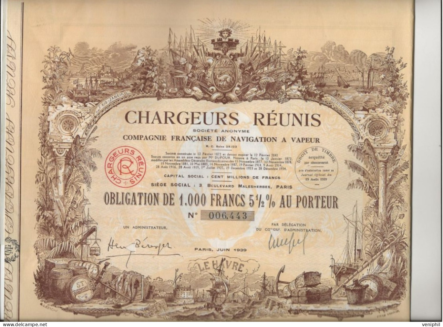 CHARGEURS REUNIS -COMPAGNIE FRANCAISE DE NAVIGATION A VAPEUR -OBLIGATION ILLUSTREE DE 1000 FRS -5,5ù -1939 - Scheepsverkeer