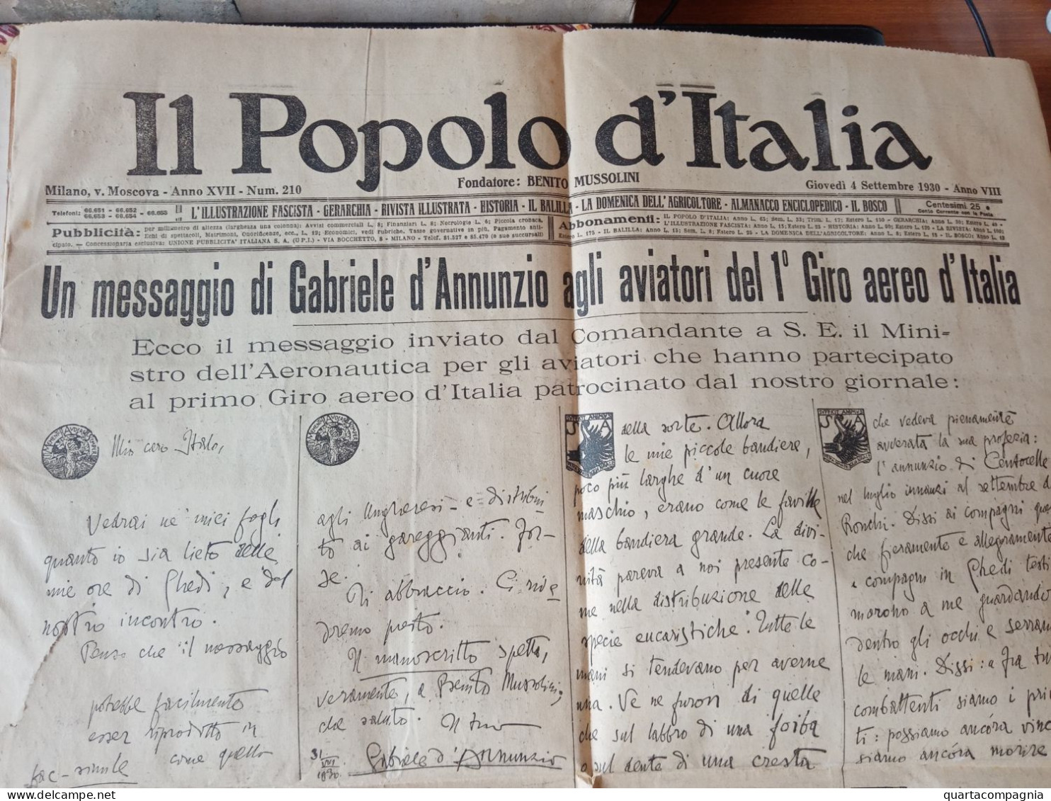 BALBO D ANNUNZIO FASCISMO POPOLO ITALIA QUOTIDIANO PRIMO GIRO AEREO 1930 ARDITI LEGIONARI - Italienisch