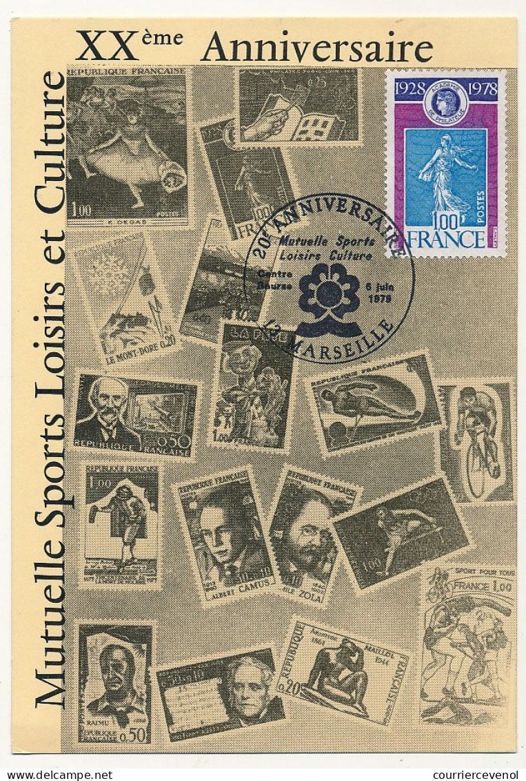 FRANCE - Carte Philatélique - 1,00 Semeuse Oblitéré 20eme Anniversaire Mutuelle Loisirs - Marseille 6/1/1978 - Cachets Commémoratifs