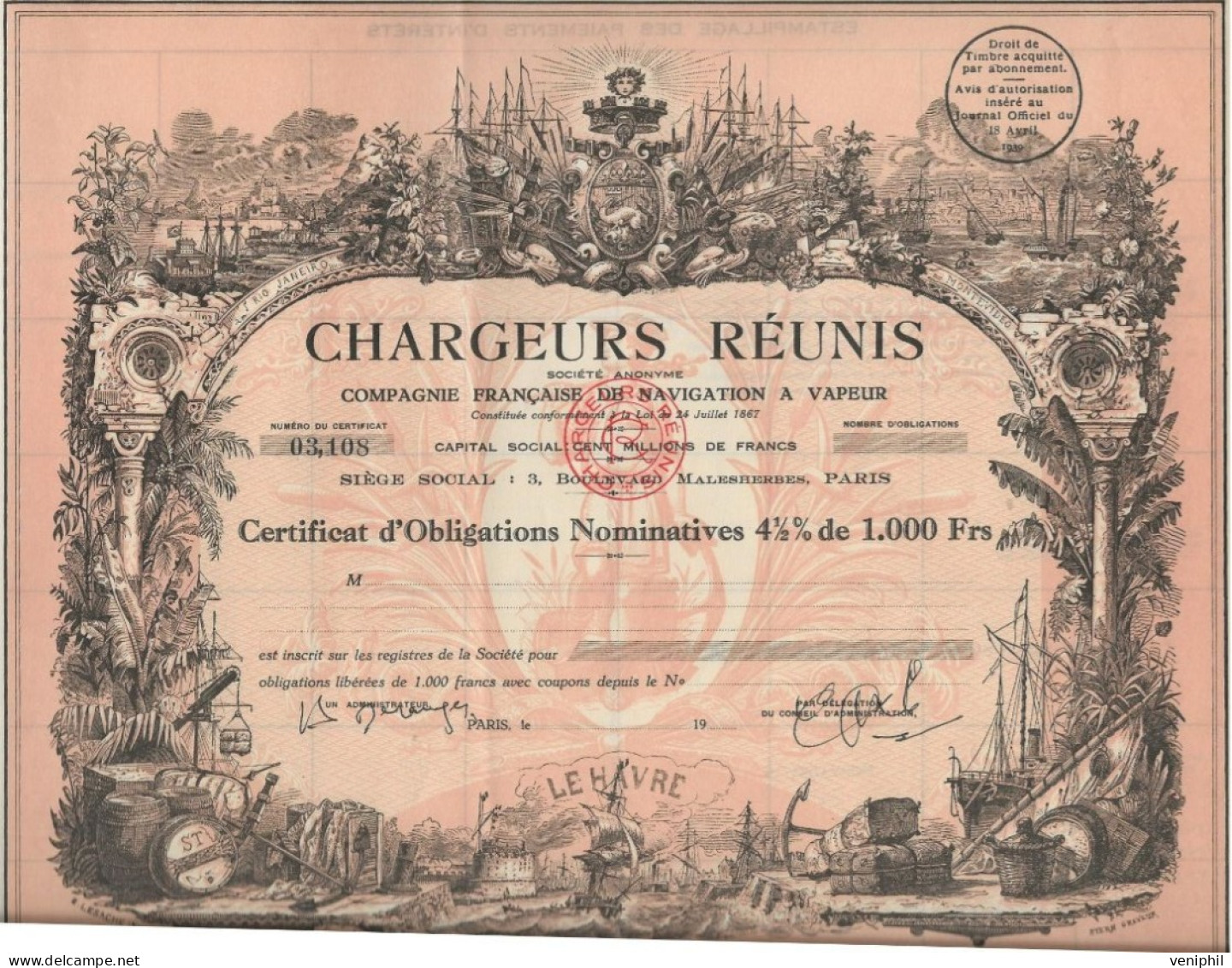 CHARGEURS REUNIS - COMPAGNIE FRANCAISE DE NAVIGATION A VAPEUR - CERTIFICAT D'OBLIGATION ILLUSTRE-4,5 % DE 1000 FRS  1939 - Scheepsverkeer