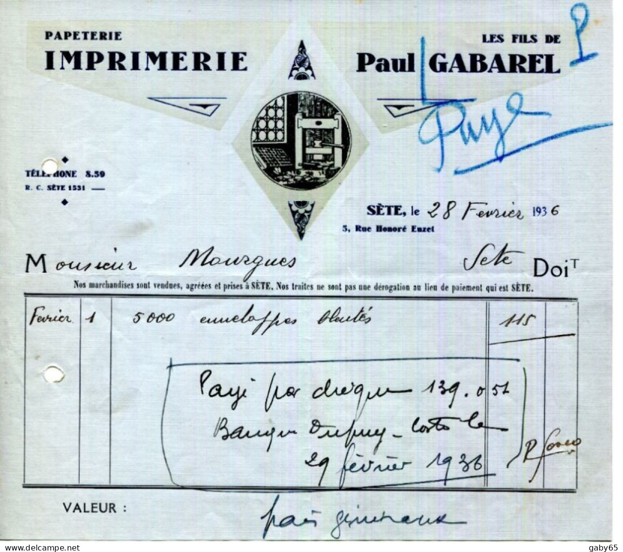 FACTURE.34.CETTE.SETE.PAPETERIE.IMPRIMERIE.LES FILS DE PAUL GABAREL 2 RUE HONORE EUZET - Druck & Papierwaren