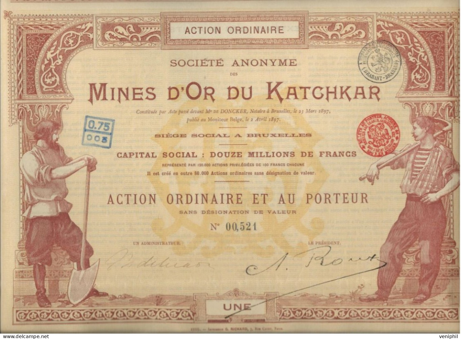 MINES D'OR DU KATCHKAR (ARMENIE RUSSIE  -ACTION ORDINAIRE ILLUSTREE - ANNEE 1897 - Mines