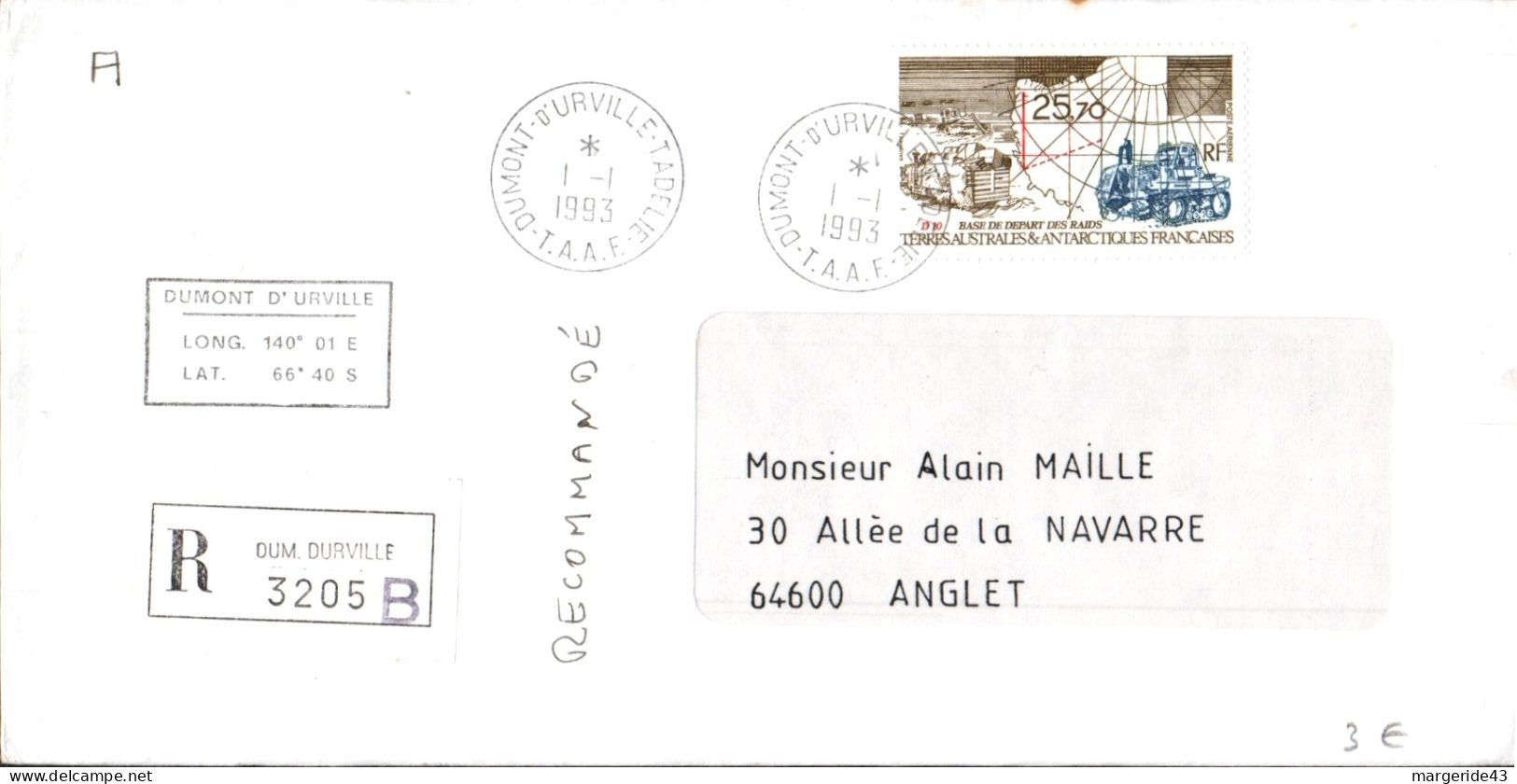 TAAF LETTRE RECOMMANDEE DE DUMONT D'URVILLE 1993 - Lettres & Documents