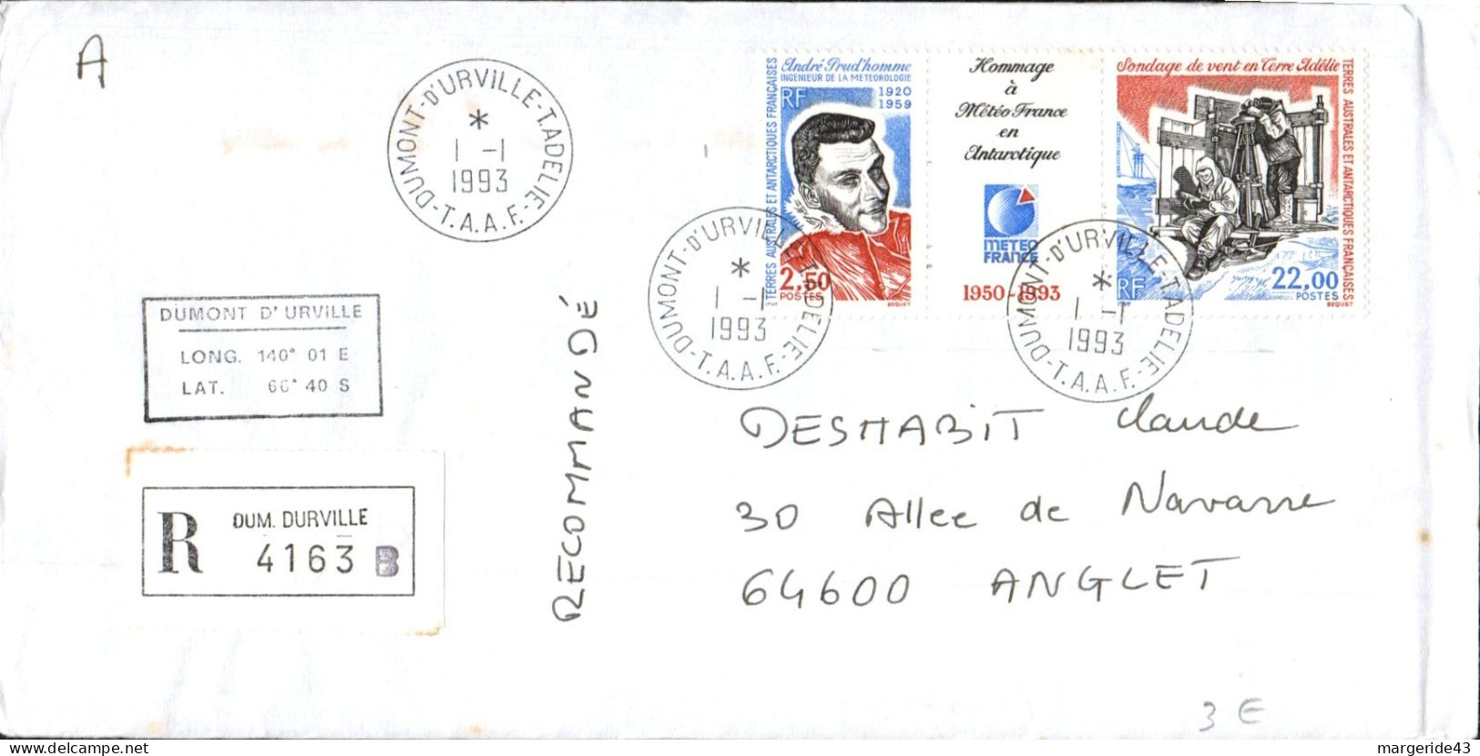 TAAF LETTRE RECOMMANDEE DE DUMONT D'URVILLE 1993 - Briefe U. Dokumente