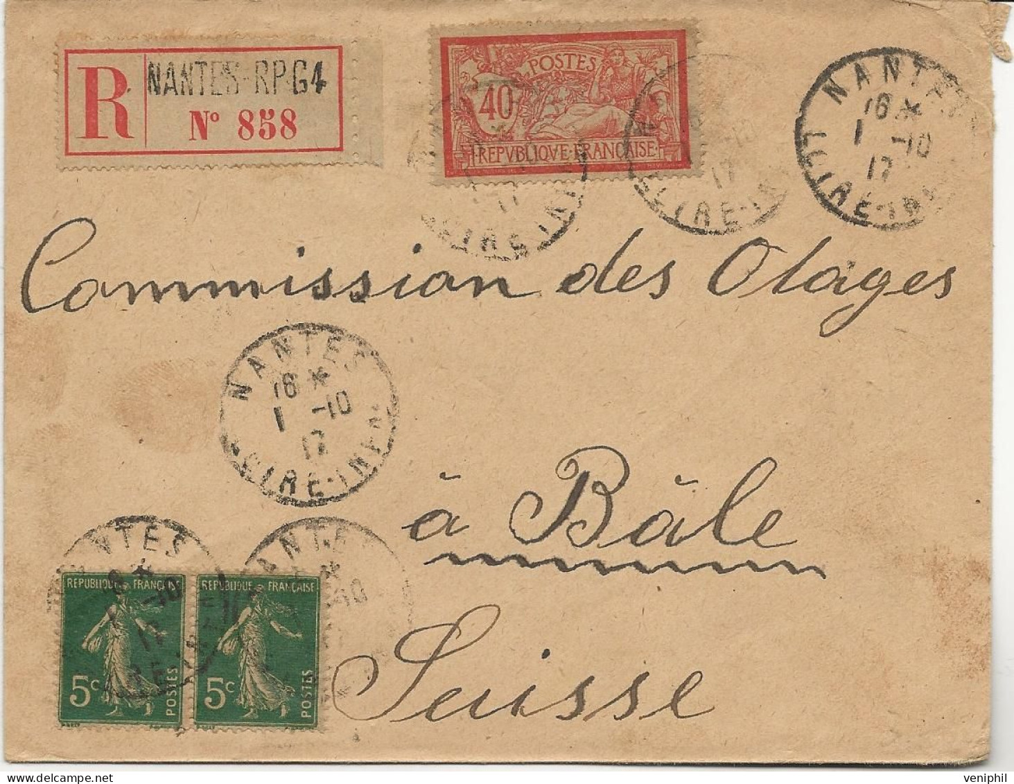 LETTRE RECOMMANDEE OBLITEREE CAD NANTES 1917 - DESTINATAIRE : COMMISSION DES OTAGES  A BALE -SUISSE - Guerre De 1914-18