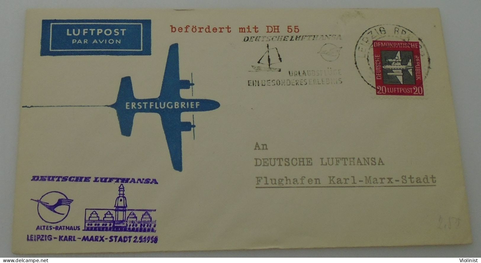 Germany-LUFTPOST-DEUTSCHE LUFTHANSA-Leipzig-Karl-Marx-Stadt 1958. - Privé Briefomslagen - Gebruikt