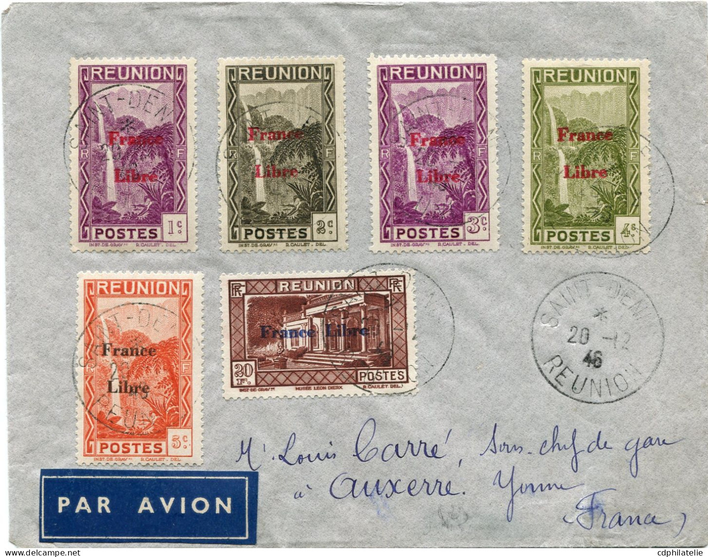 REUNION FRANCE LIBRE LETTRE RECOMMANDEE PAR AVION DEPART SAINT-DENIS 20-12-46 REUNION POUR LA FRANCE - Storia Postale