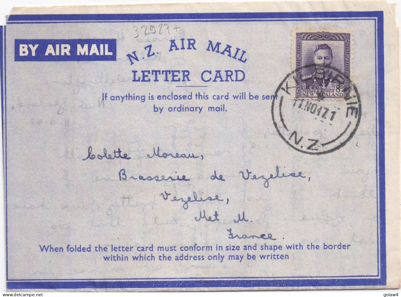 32927# NOUVELLE ZELANDE ENTIER POSTAL LETTER CARD Obl KILBIRNIE 1947 NEW ZELAND WELLINGTON VEZELISE MEURTHE MOSELLE - Postal Stationery