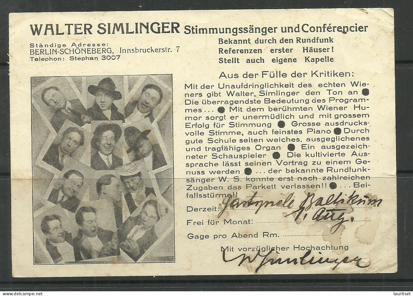 Deutschland Germany Reklamepostkarte österreichischer Sänger Komponist Walter Simlinger Used In Estland Estonia 1931 - Chanteurs & Musiciens