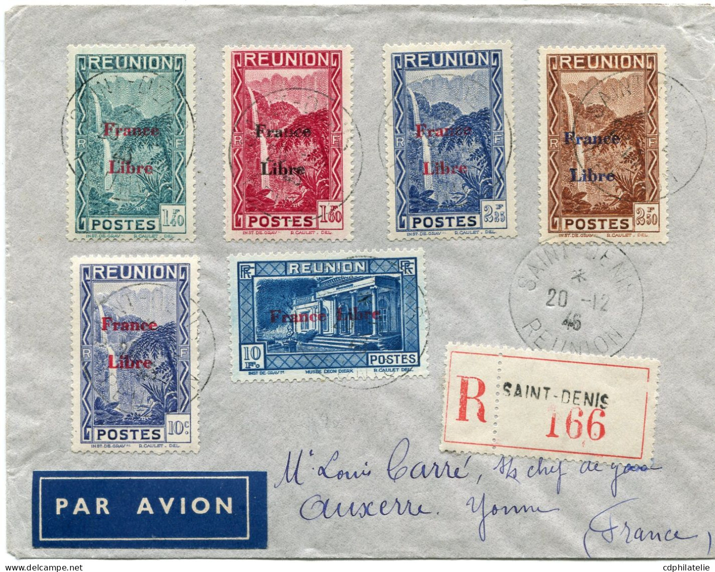 REUNION FRANCE LIBRE LETTRE RECOMMANDEE PAR AVION DEPART SAINT-DENIS 20-12-46 REUNION POUR LA FRANCE - Storia Postale