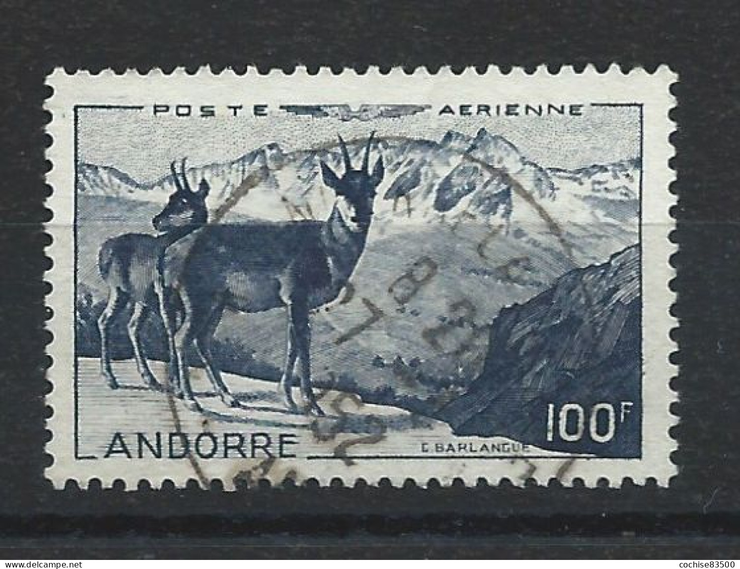 Andorre PA N°1 Obl (FU) 1950 - Isards Et Chaîne De L'Alt Del Gris - Poste Aérienne