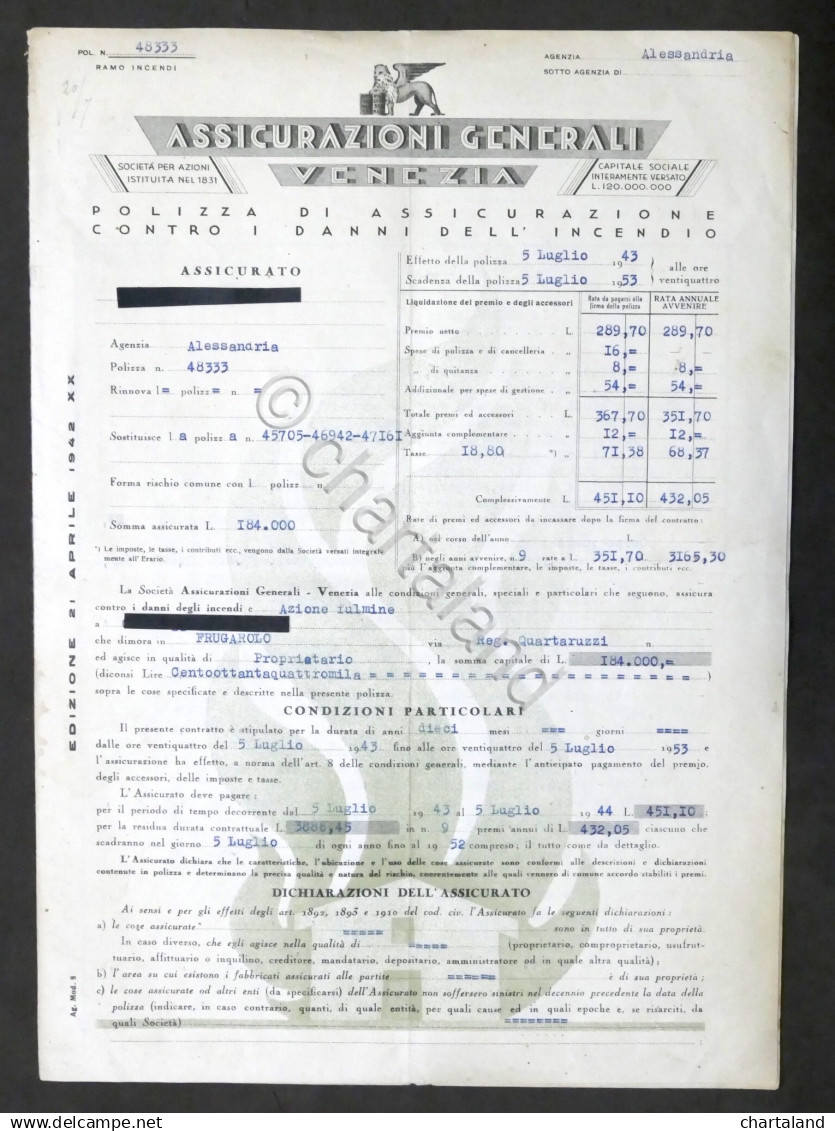 Assicurazioni Generali Di Venezia Polizza Contro Danni Incendio - Frugarolo 1943 - Unclassified