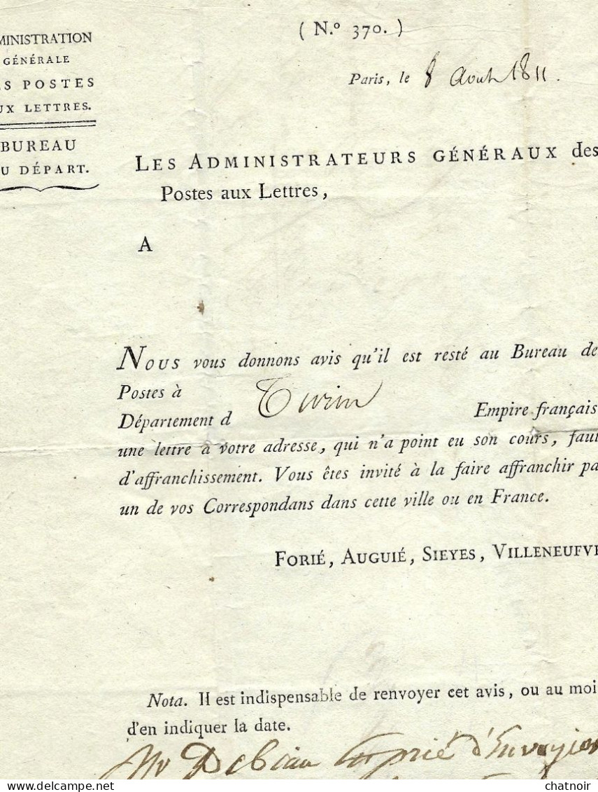 Marque Postale  ARM  D ITALIE  Sur Document POSTES AUX LETTRES   PARIS 1811  Pour TURIN - Bolli Militari (ante 1900)