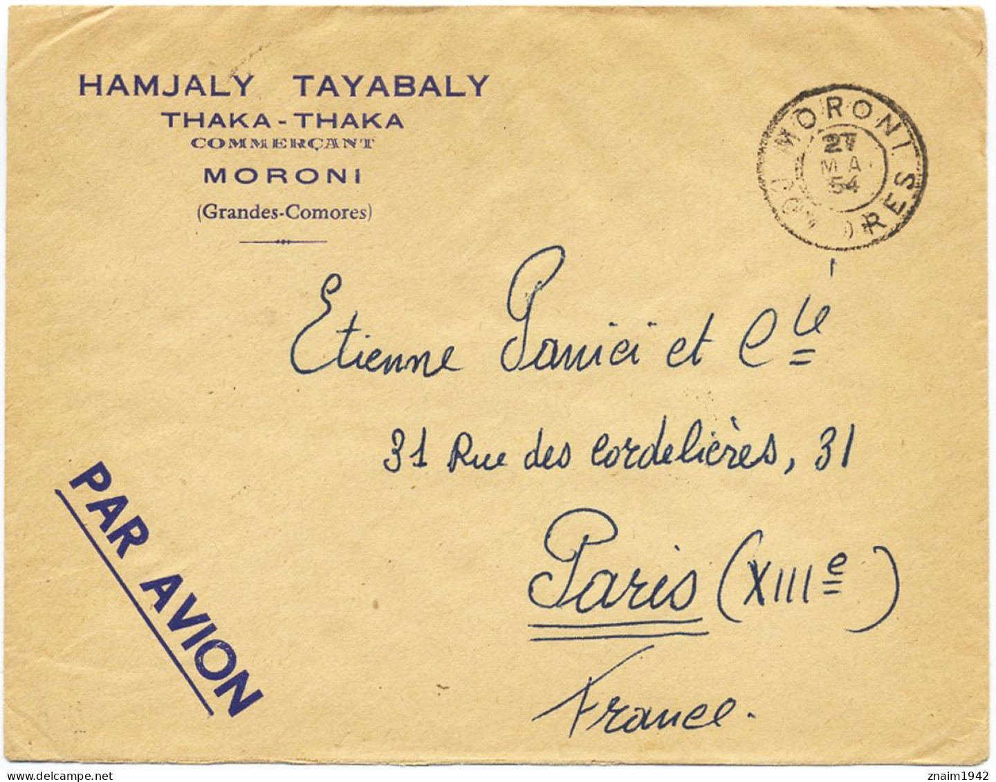 1954 COMORES LETTRE PAR AVION POUR PARIS OBL MORONI 27 MAI 54 COMORES - Lettres & Documents