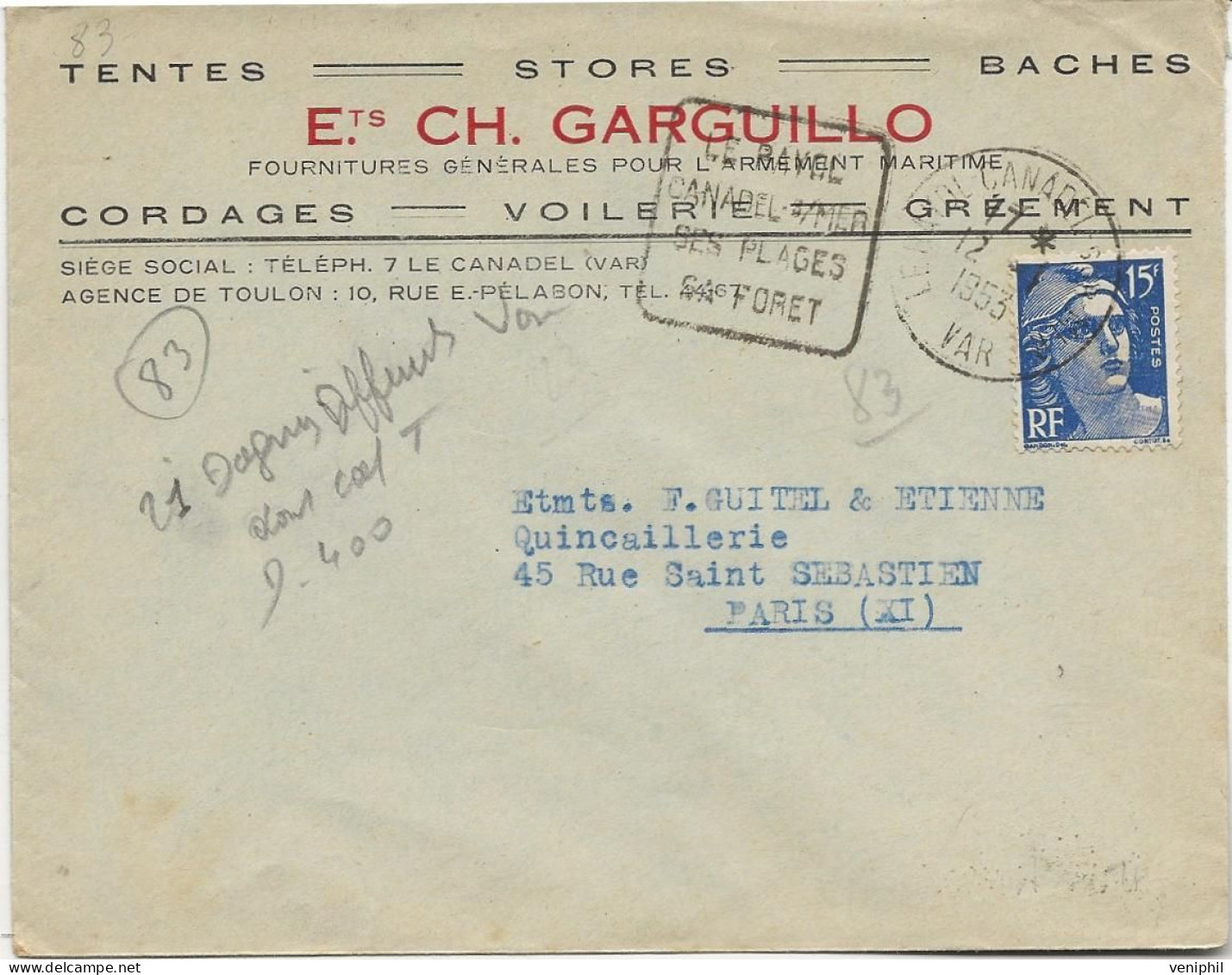 LETTRE AFFRANCHIE N° 886 AVEC OBLITERATION  DAGUIN -LE RAYOL -CANADEL SUR MER -SES PLAGE - SA FORET -ANNEE 1953 - Mechanical Postmarks (Other)