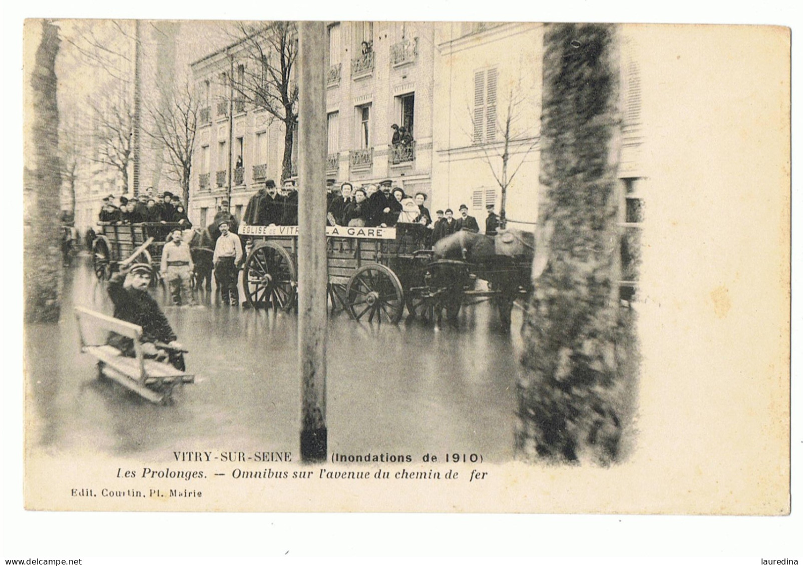 CP  VAL DE MARNE - VITRY SUR SEINE (INONDATIONS DE 1910) LES PROLONGES- OMNIBUS SUR L'AVENUE DU CHEMIN DE FER - Inondations