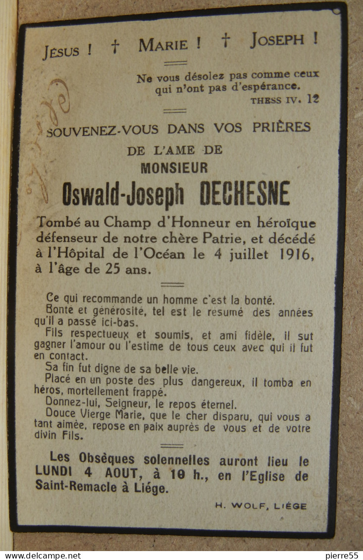 SOUVENIR POUR DECES DU SOLDAT ASWALD JOSEPH DECHESNE MORT EN 1916 - LIEGE EGLISE ST REMACLE-TBE - Personaggi