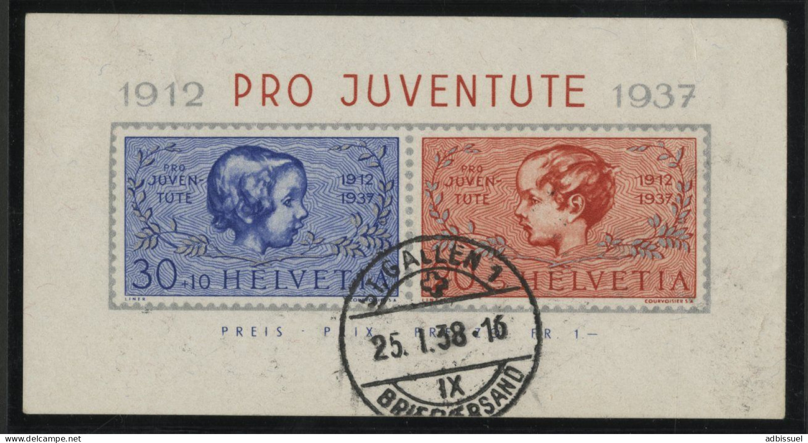 SUISSE Bloc N° 3 Oblitéré Cote 50 € 1912-PROJUVENTUTE-1937 Oblitération 25/1/38 St GALLEN - Blocs & Feuillets