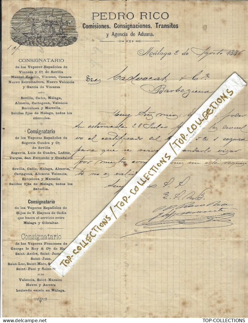 1886 NAVIGATION ESPAGNE FRANCE NAVIRES à VAPEUR VAISSEAUX ESPAGNOLS Pedro Rico à Malaga Pour Barbezieux  Cognac Charente - 1800 – 1899