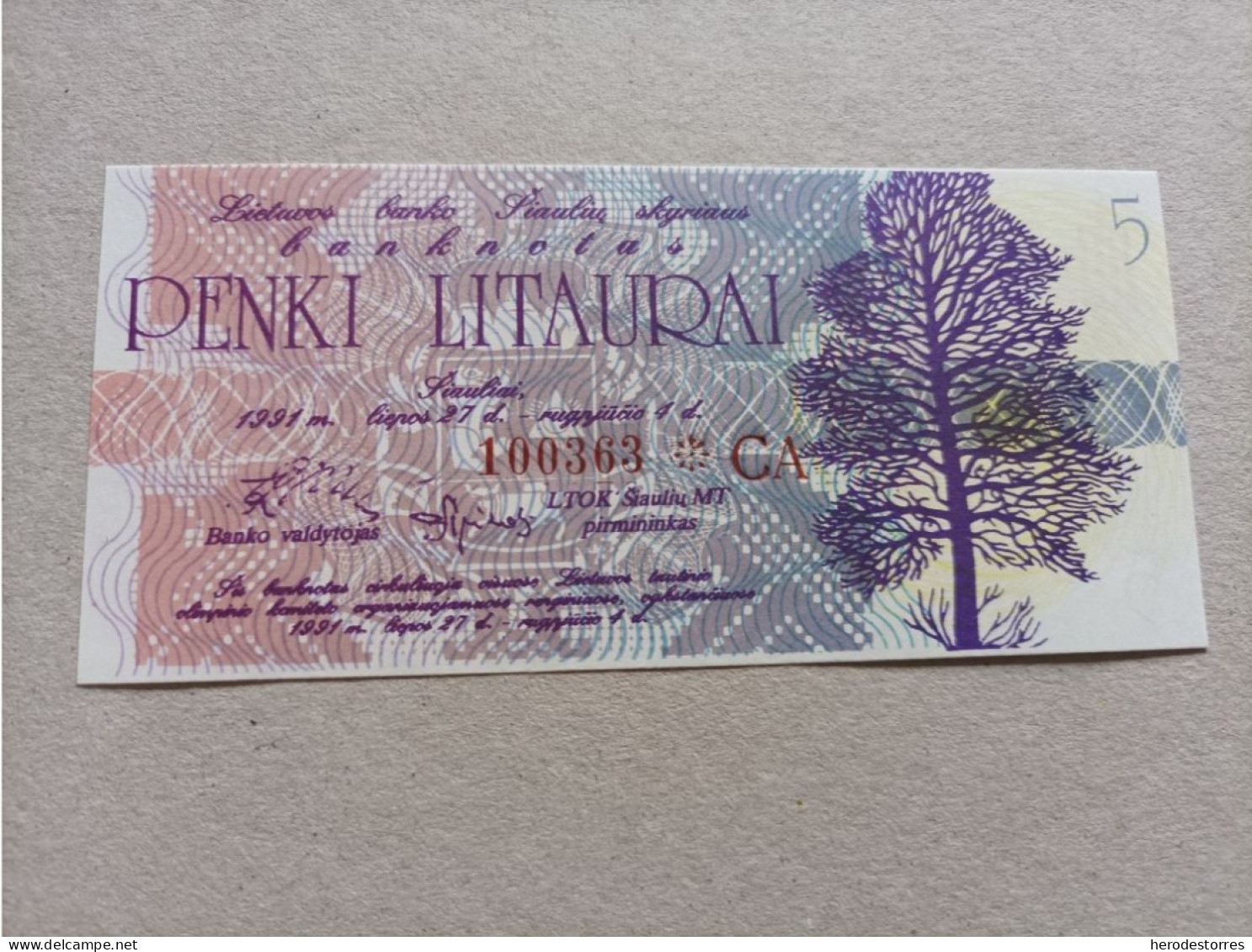 Billete De Lituania De 5 Litas, Año 1991, UNC - Lituania